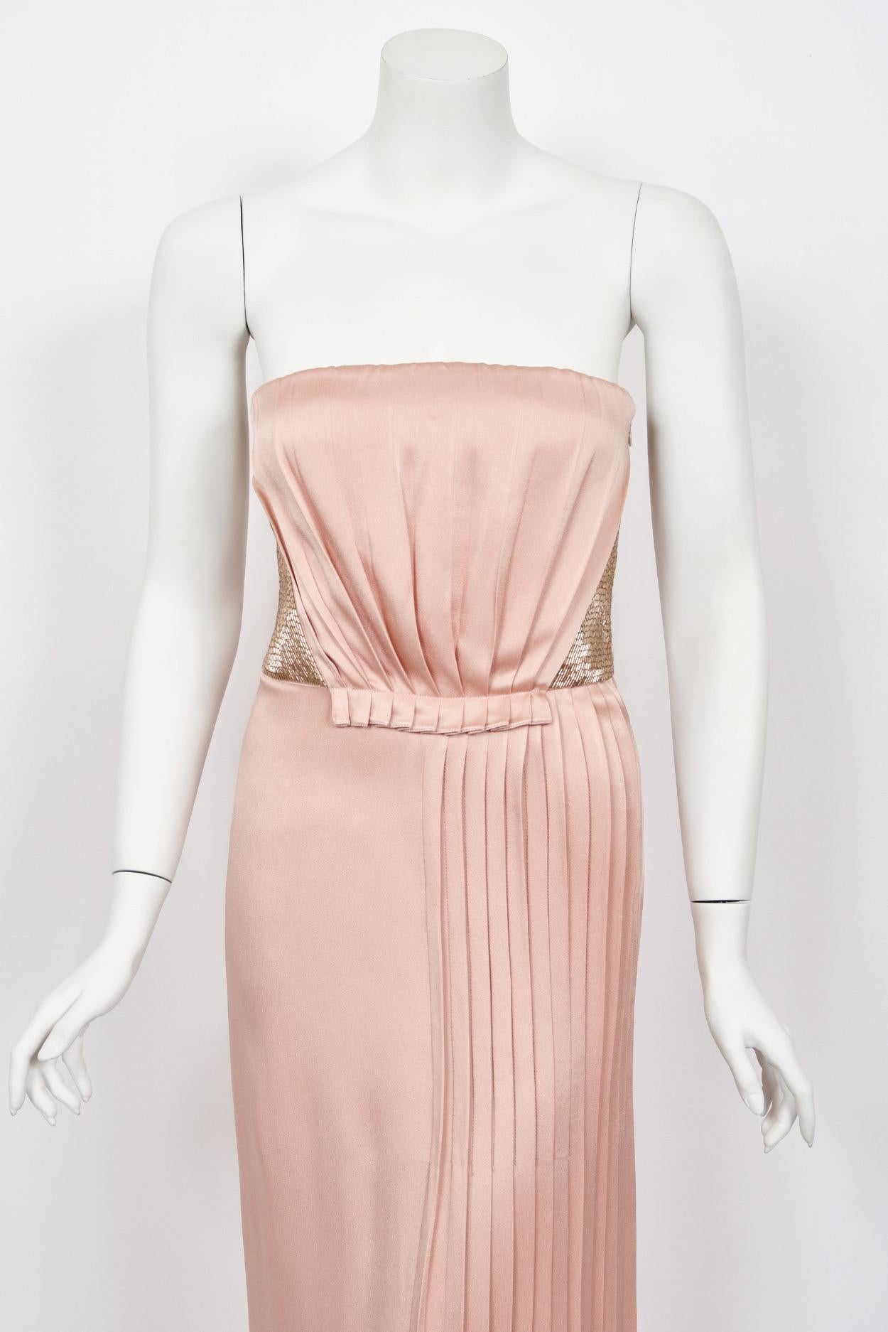 2012 John Galliano Blush Pink Silk Beaded Bustier Strapless Pleated-Side Gown In Good Condition For Sale In Beverly Hills, CA