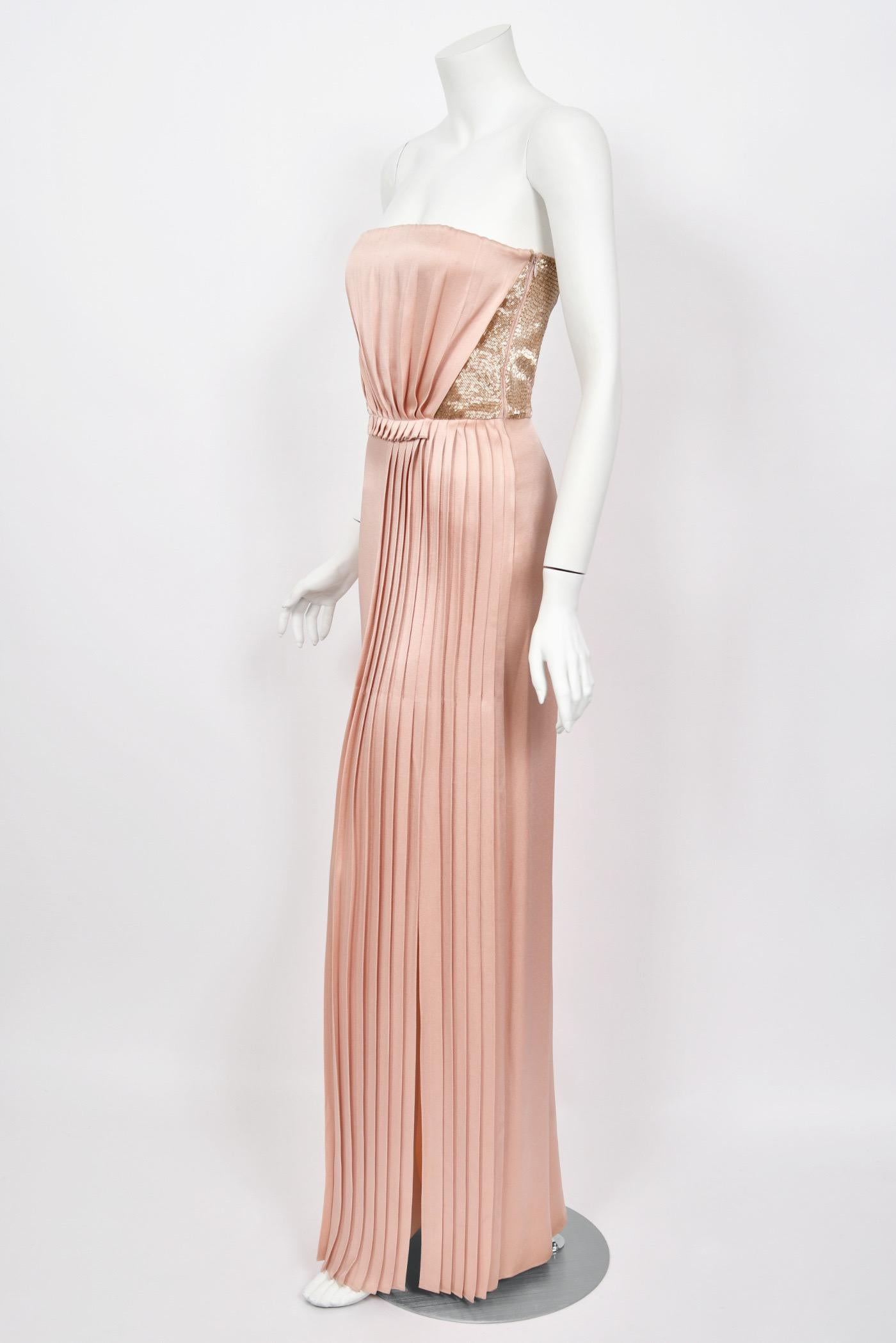 Women's 2012 John Galliano Blush Pink Silk Beaded Bustier Strapless Pleated-Side Gown For Sale