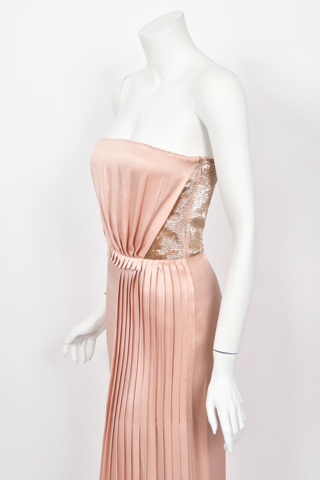 2012 John Galliano Blush Pink Silk Beaded Bustier Strapless Pleated-Side Gown For Sale 1
