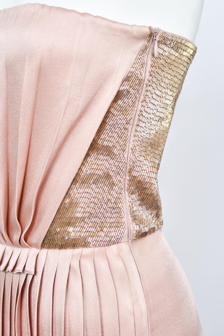2012 John Galliano Blush Pink Silk Beaded Bustier Strapless Pleated-Side Gown For Sale 2