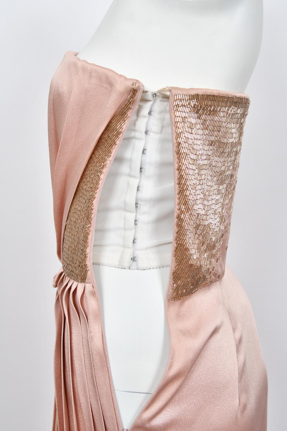 2012 John Galliano Blush Pink Silk Beaded Bustier Strapless Pleated-Side Gown For Sale 3