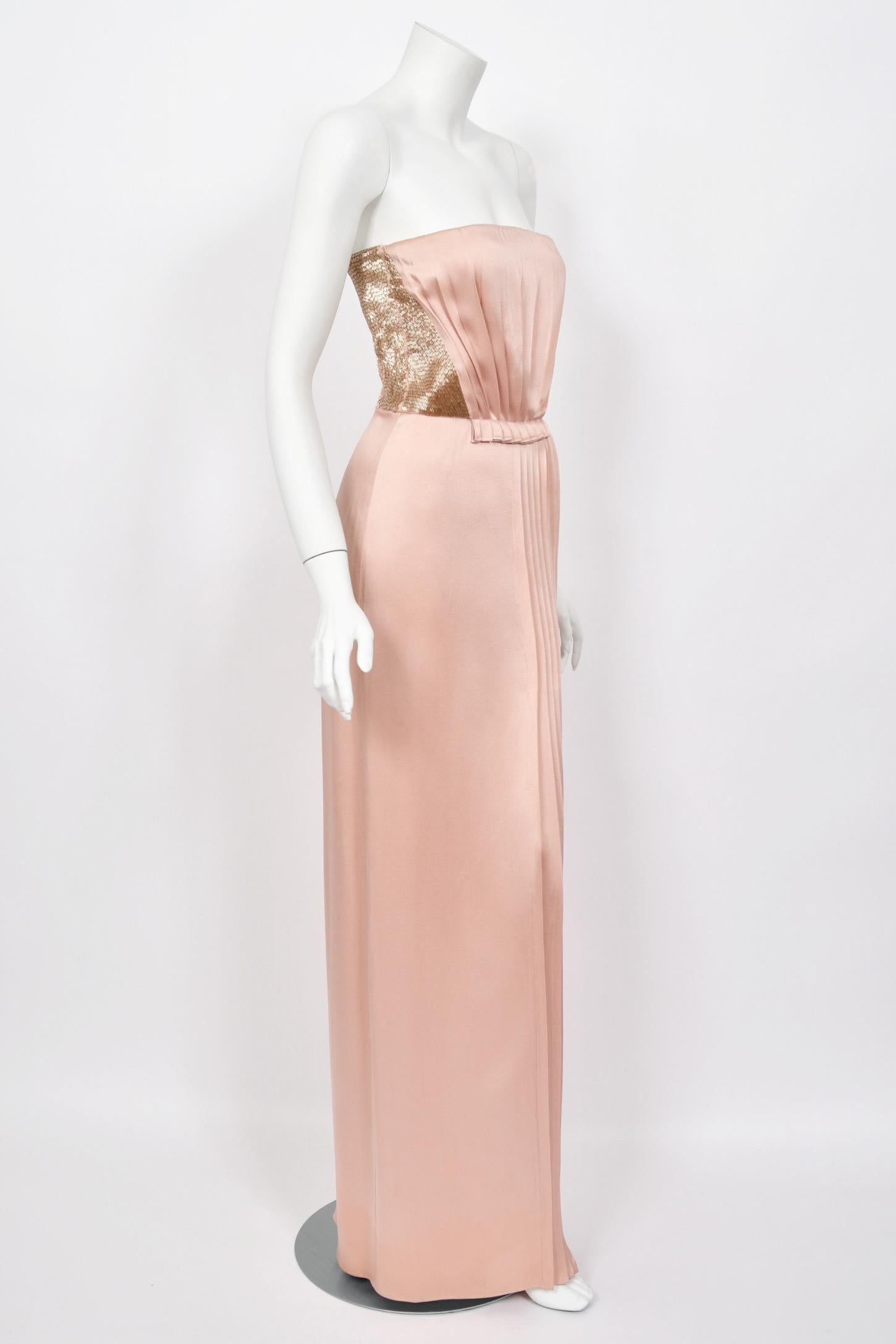 2012 John Galliano Blush Pink Silk Beaded Bustier Strapless Pleated-Side Gown For Sale 4