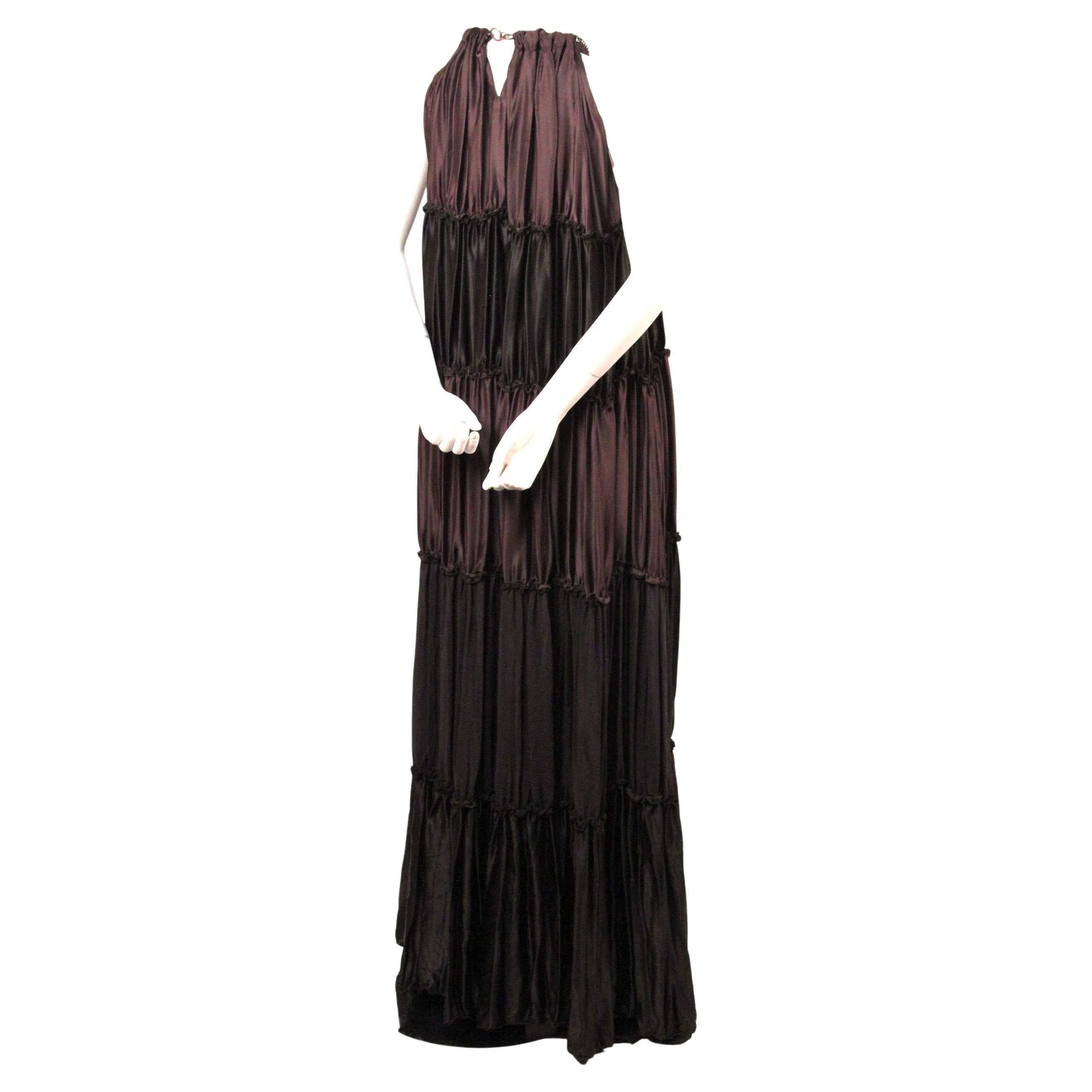 2012 LANVIN by Alber Elbaz brown silk tiered gown with rhinestone collar In Good Condition In San Fransisco, CA