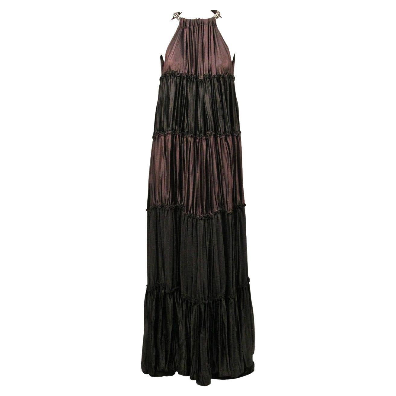 2012 LANVIN by Alber Elbaz brown silk tiered gown with rhinestone collar