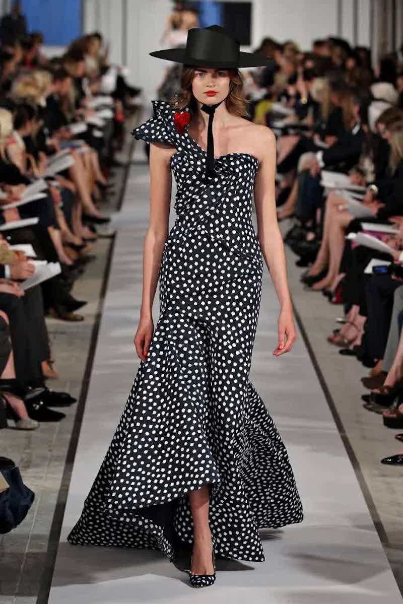 Black 2012 Oscar de la Renta Runway Look#51 One Shoulder Asymmetric polka Dot Gown
