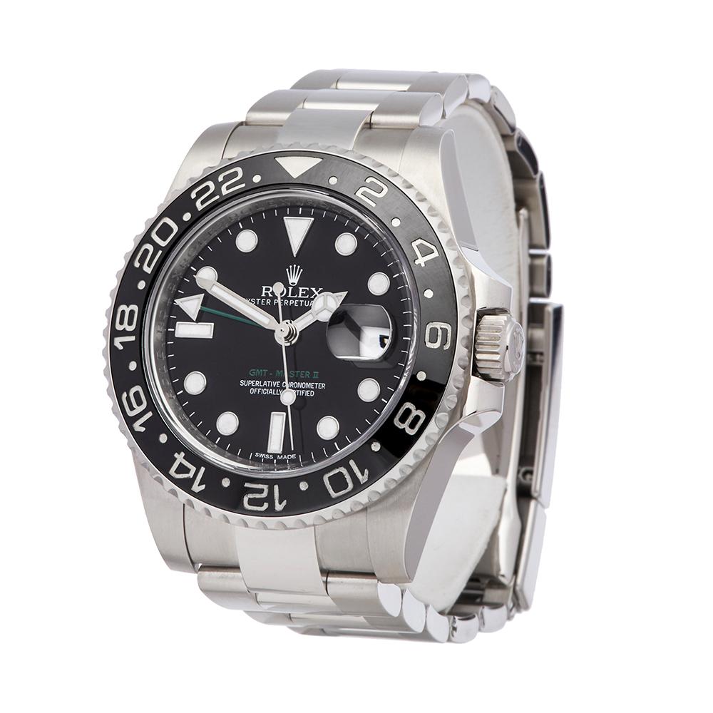 Contemporary 2012 Rolex GMT-Master II Stainless Steel 116710LN Wristwatch
 *
 *Complete with: Box & Guarantee dated 16th May 2012
 *Case Size: 40mm
 *Strap: Stainless Steel Oyster
 *Age: 2012
 *Strap length: Adjustable up to 18cm. Please note we can