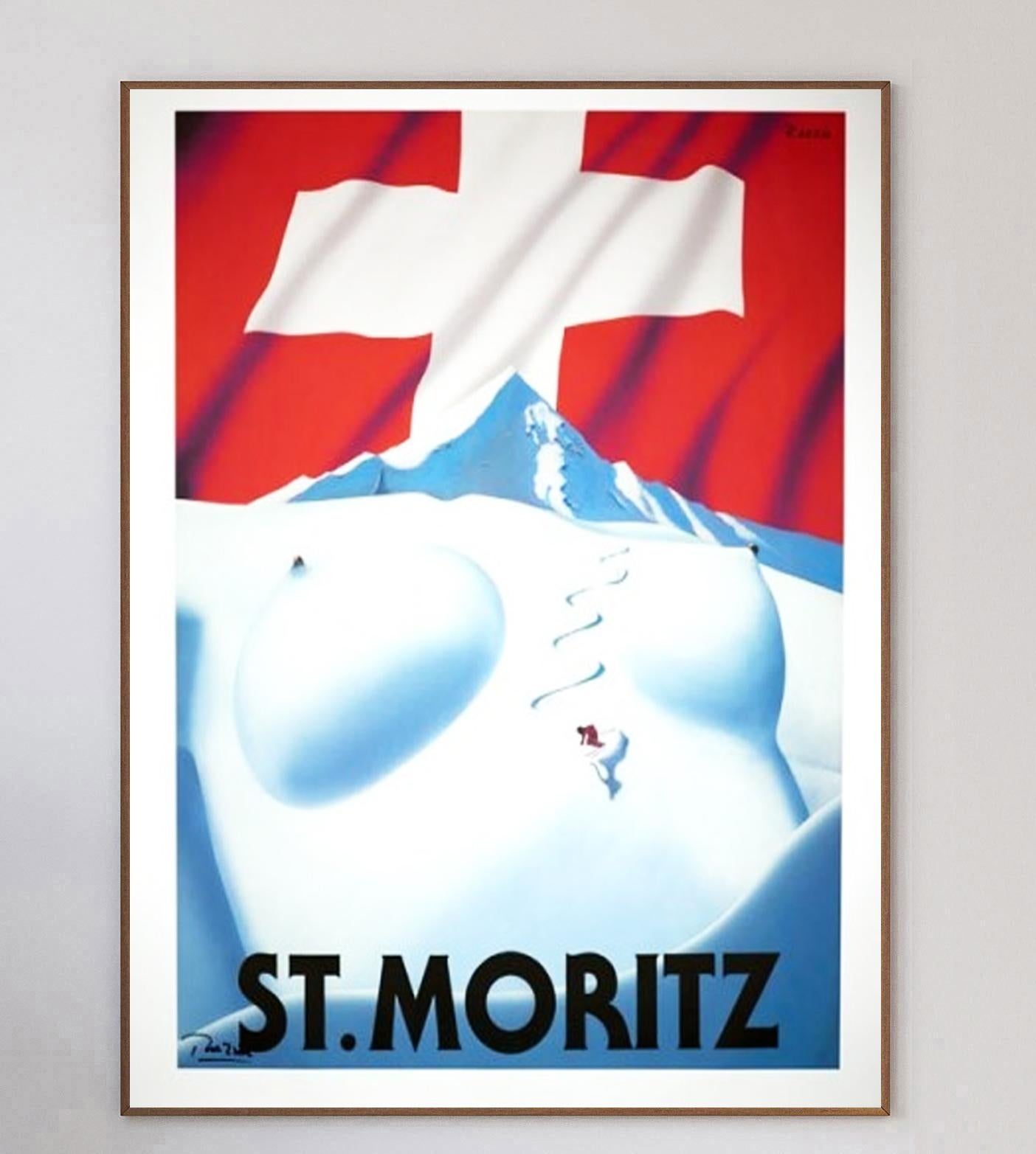 Regarded as the birthplace of alpine tourism, the luxurious Swiss resort town of St. Moritz is frequented by the rich & famous and has twice held the Winter Olympic Games. This gorgeous poster by the iconic poster designer Razzia promotes the town,