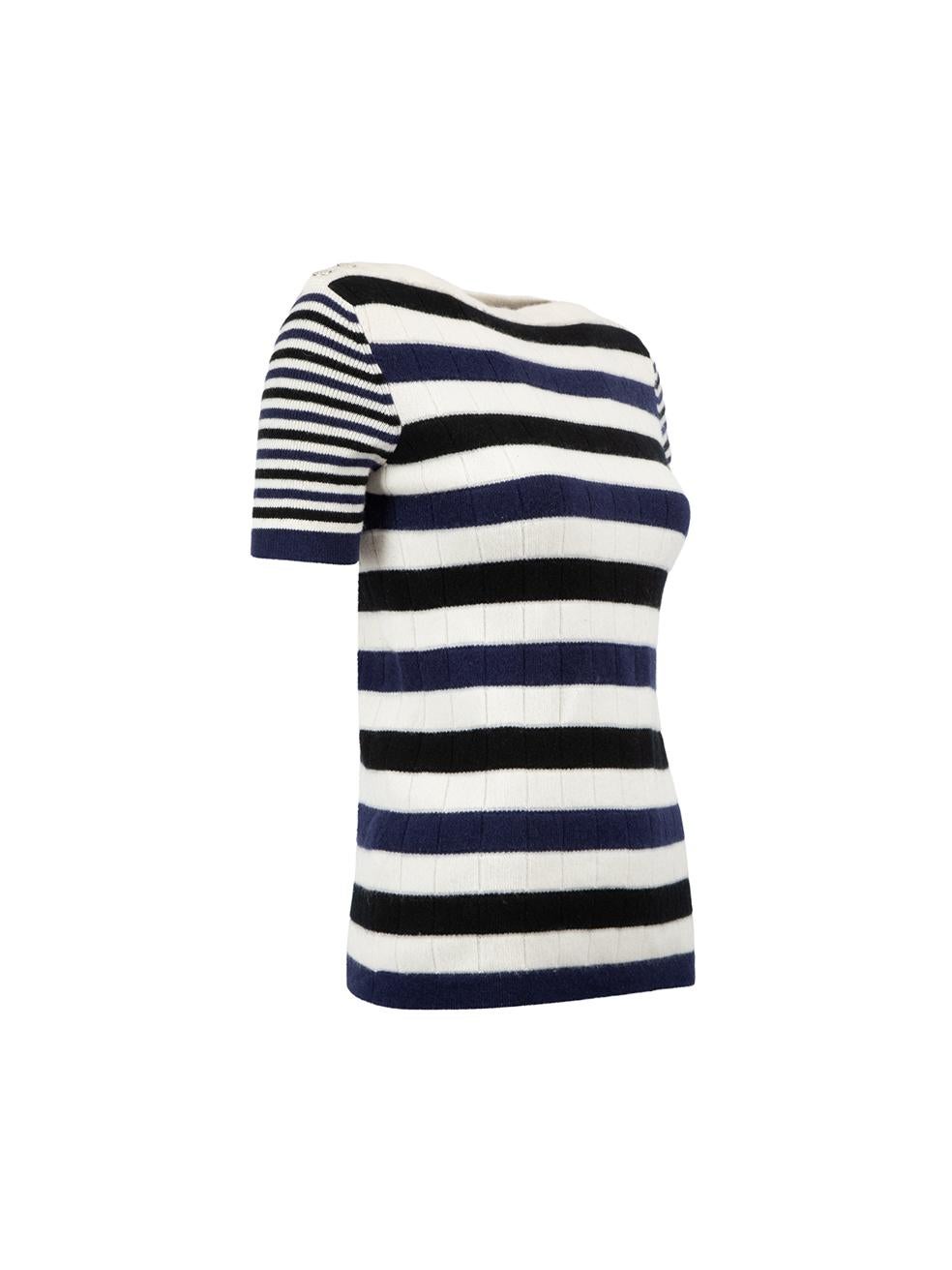 CONDITION is Very good. Hardly any visible wear to top is evident on this used Chanel designer resale item.



Details


Black, white and blue

Cashmere

Knitted top

Short sleeved

Striped pattern

Boat neckline

2x Buttons on each