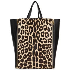 2013 Celine Black Lambskin & Leopard Pony Fur Vertical Gusset Cabas Tote