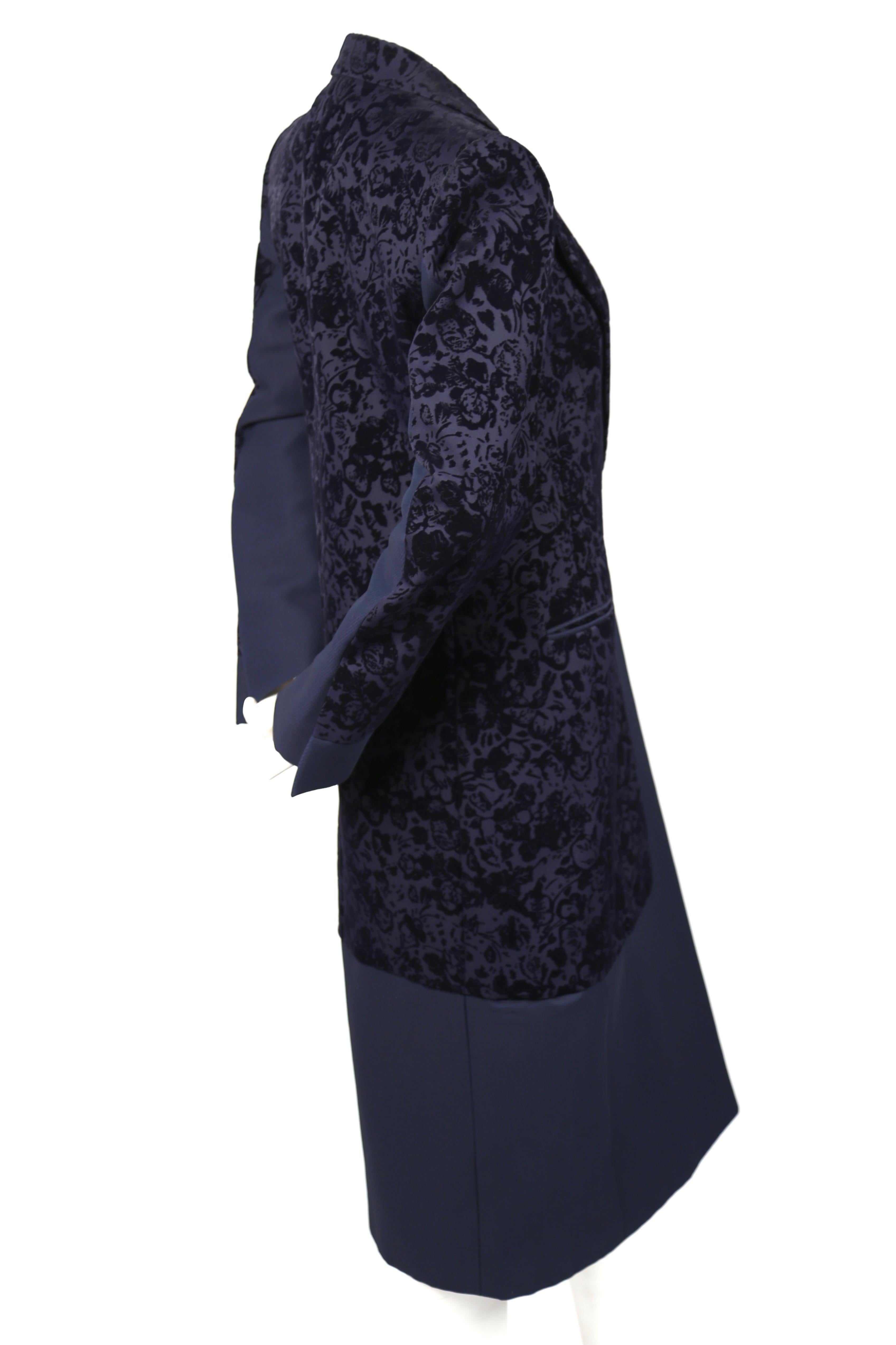 Navy blue, velvet flocked floral coat from Celine dating to the resort collection of 2013. French size 38. Approximate measurement: shoulder along top 15.25