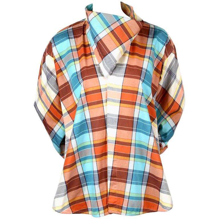 2013 CELINE by PHOEBE PHILO plaid cotton runway shirt with draped neckline