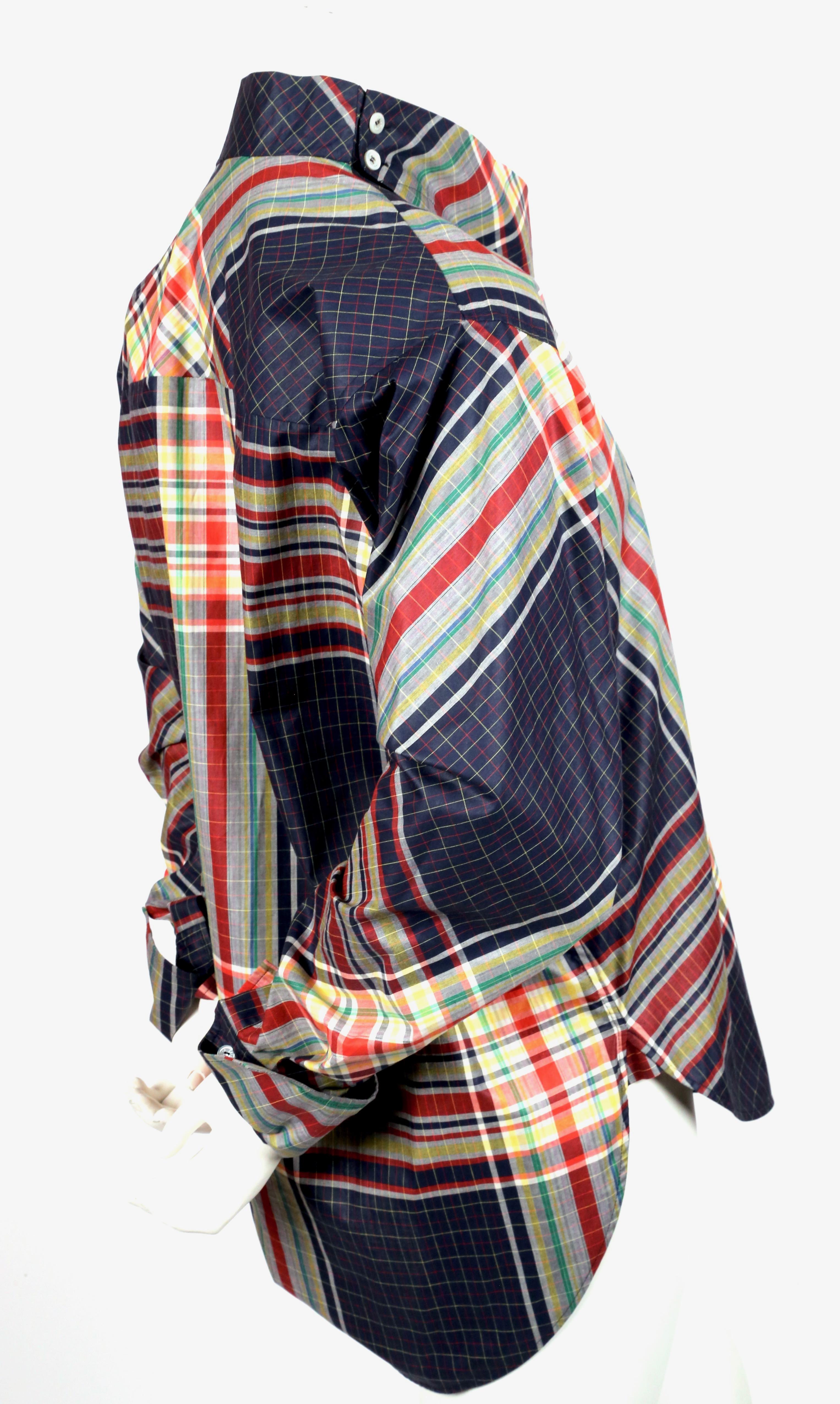 Plaid cotton runway top with draped neckline and French cuffs designed by Phoebe Philo for Celine as seen on the fall 2013 runway. French size 34 however this fits many sizes due to the oversized cut. Approximate measurements: dropped shoulder 18