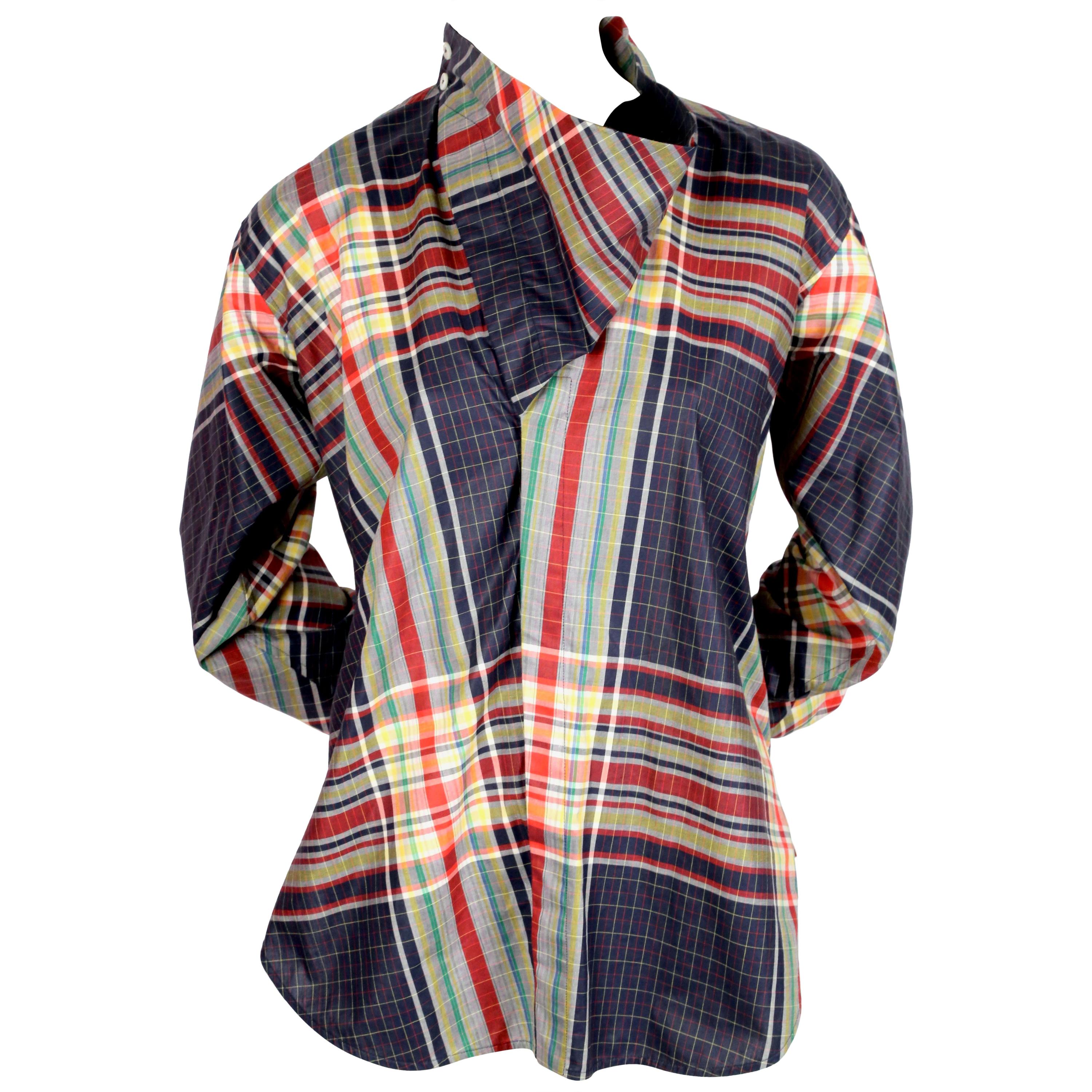 2013 CELINE by PHOEBE PHILO plaid cotton runway shirt with draped neckline - new