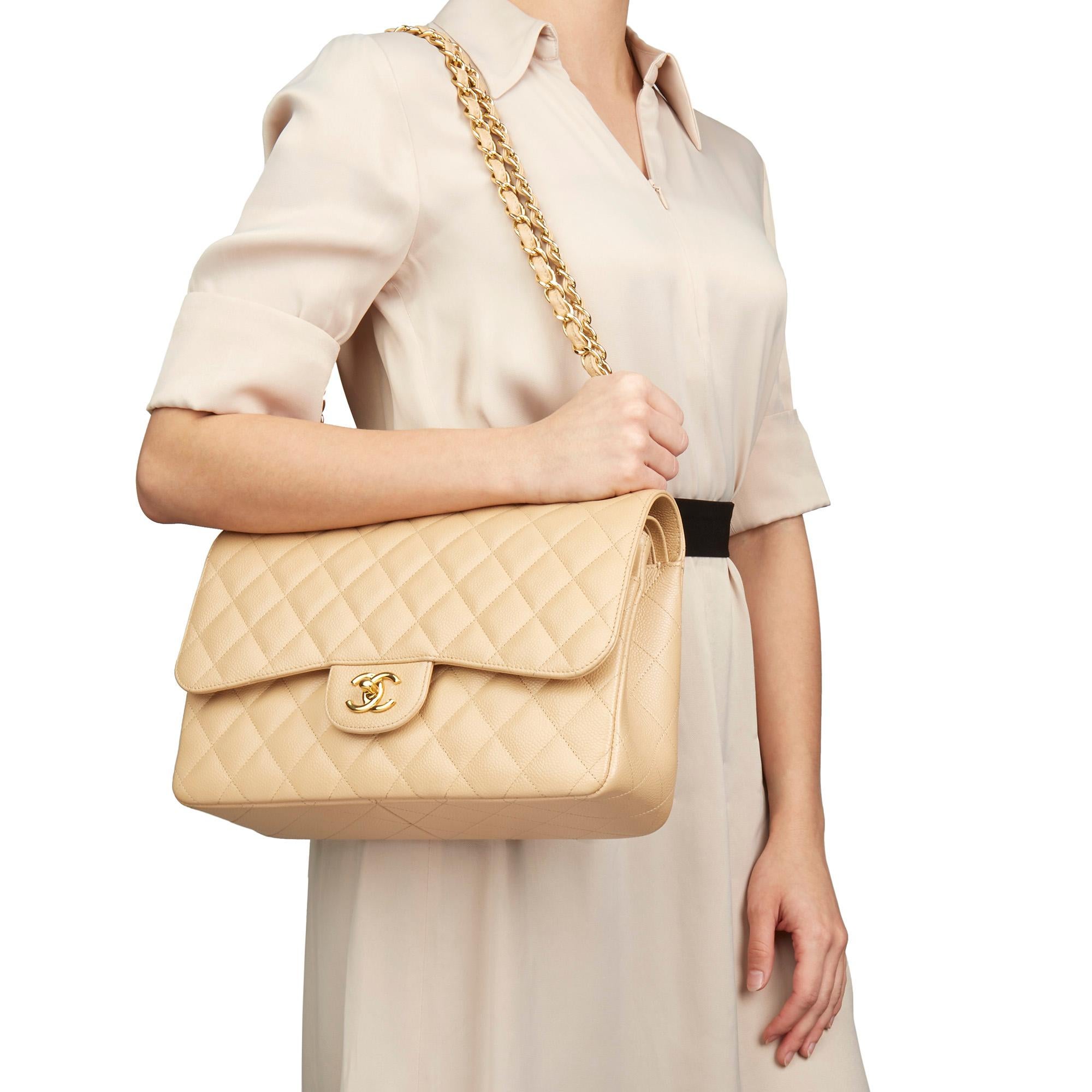 2013 Chanel Beige Quilted Caviar Leather Jumbo Classic Double Flap Bag 7