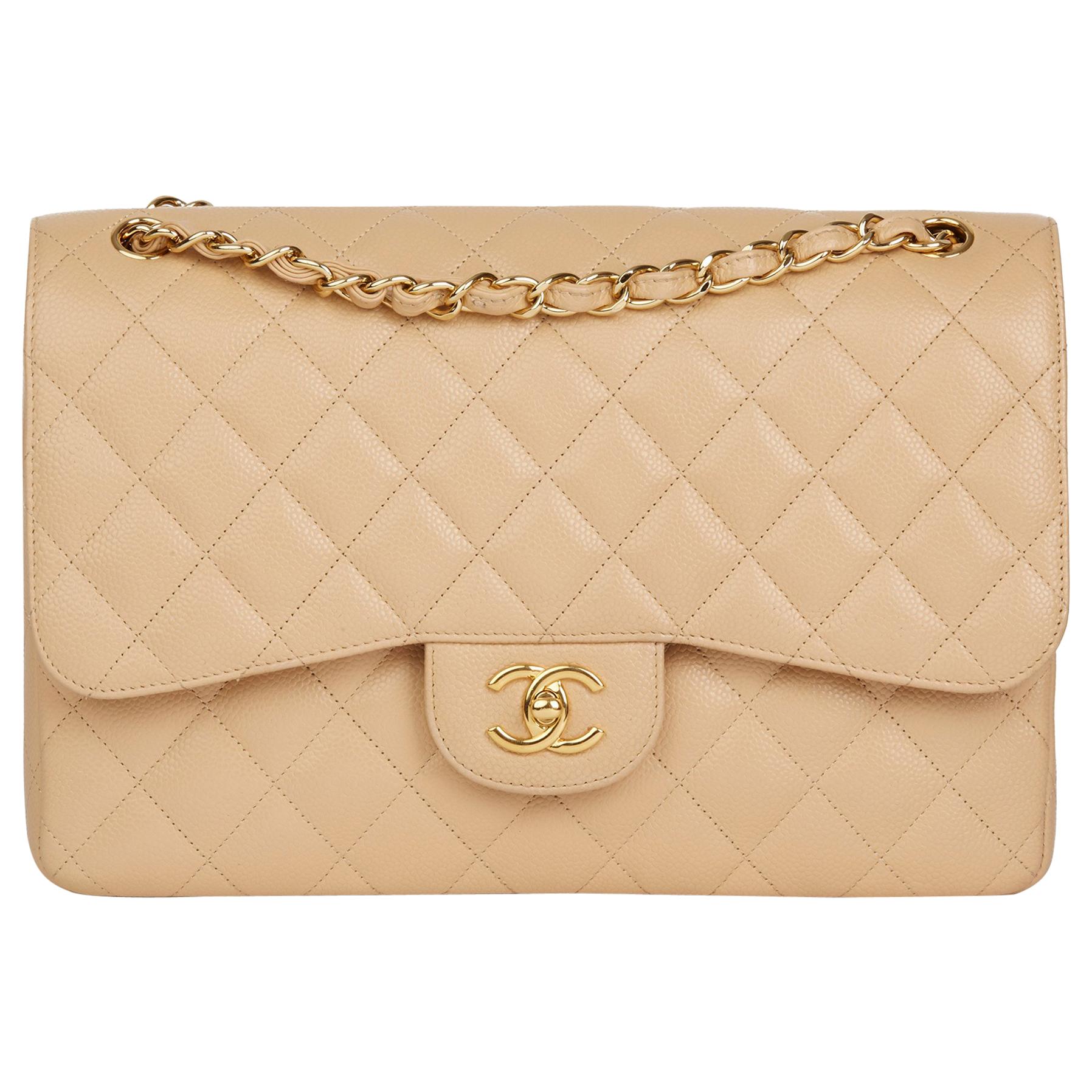 2013 Chanel Beige Quilted Caviar Leather Jumbo Classic Double Flap Bag