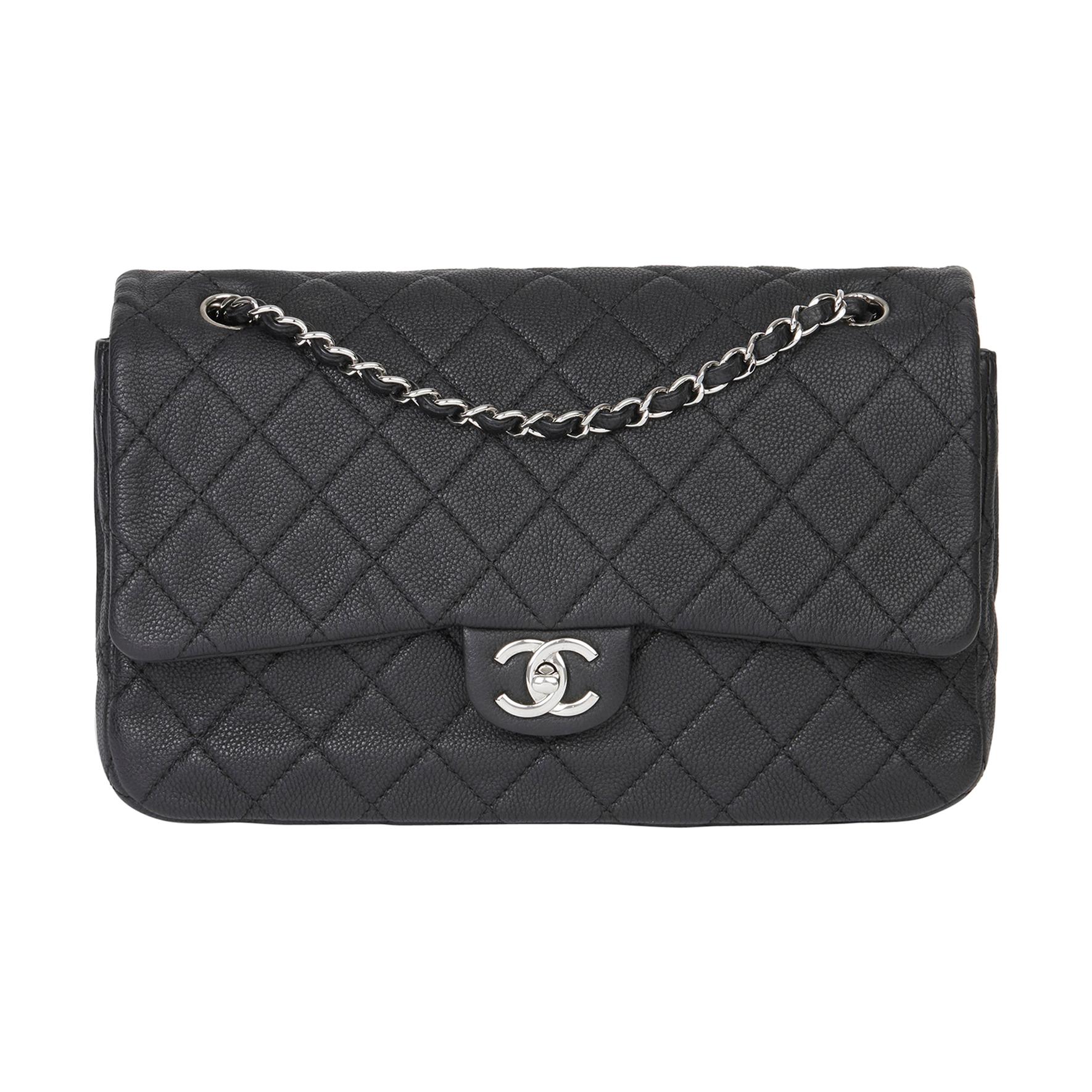 2013 Chanel Black Quilted Washed Caviar Leather Double Gusset Single Flap Bag