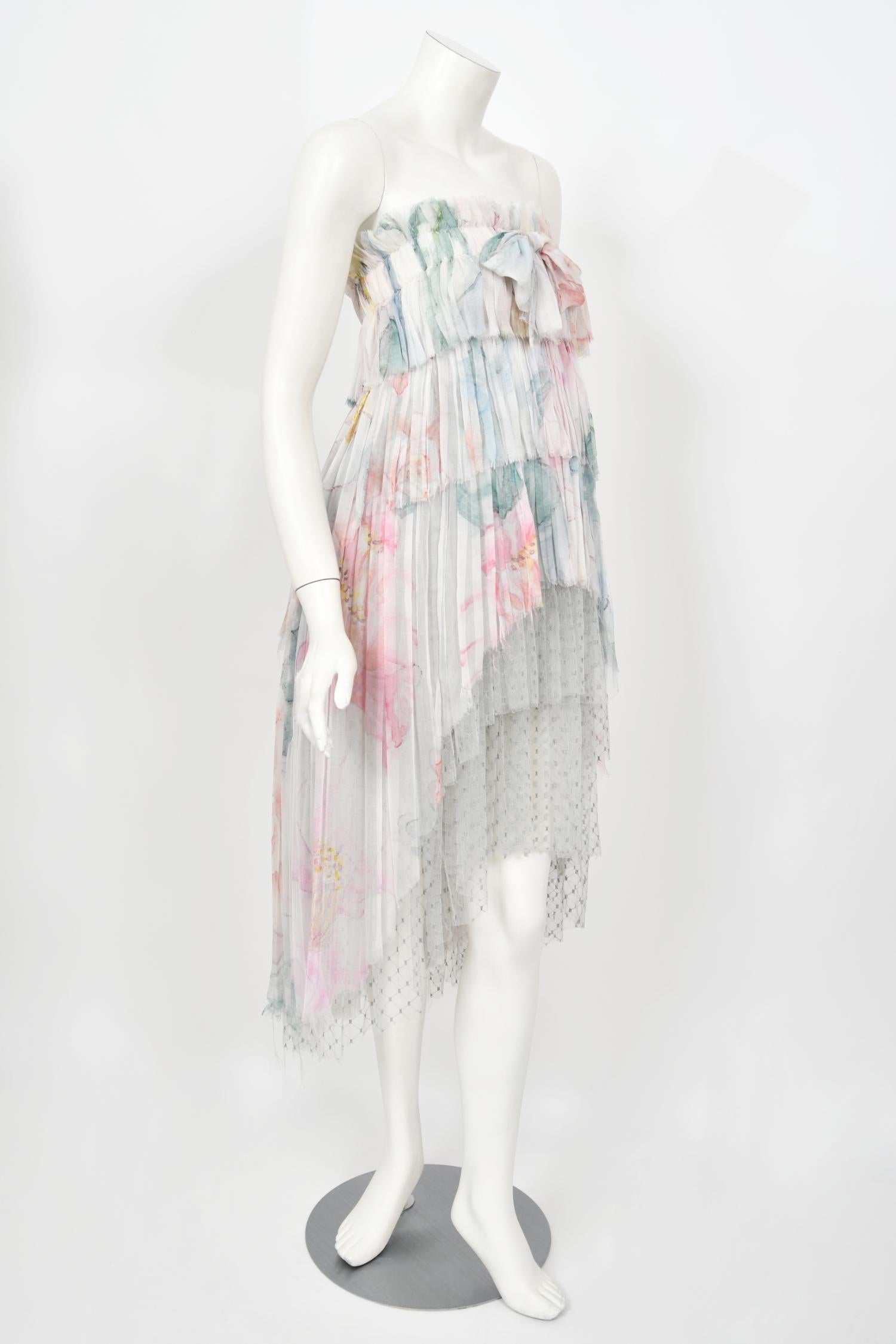 2013 Chanel by Karl Largerfeld Pastel Floral Silk & Sheer Net Strapless Dress 6