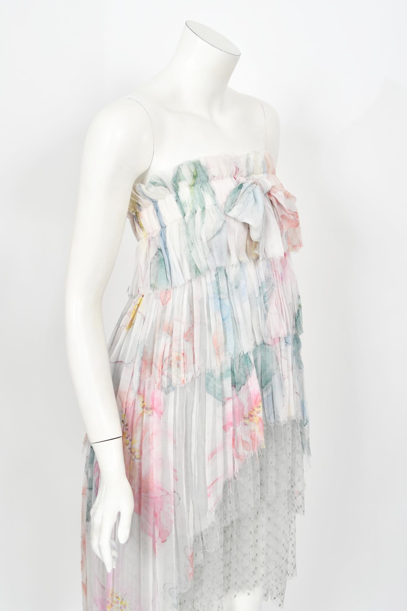 2013 Chanel by Karl Largerfeld Pastel Floral Silk & Sheer Net Strapless Dress 7