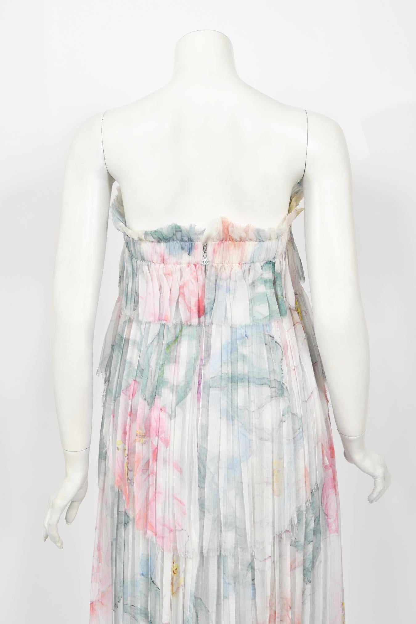 2013 Chanel by Karl Largerfeld Pastel Floral Silk & Sheer Net Strapless Dress 12