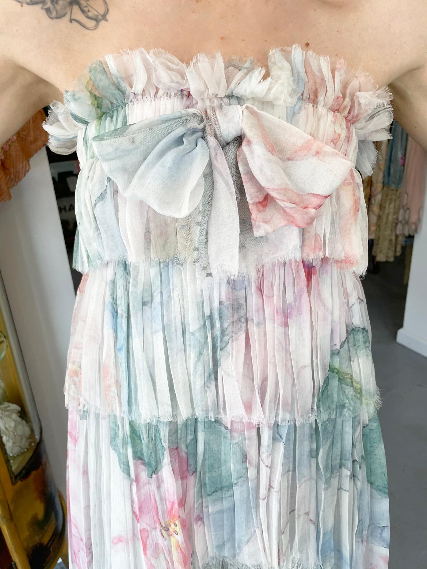 2013 Chanel by Karl Largerfeld Pastel Floral Silk & Sheer Net Strapless Dress 1