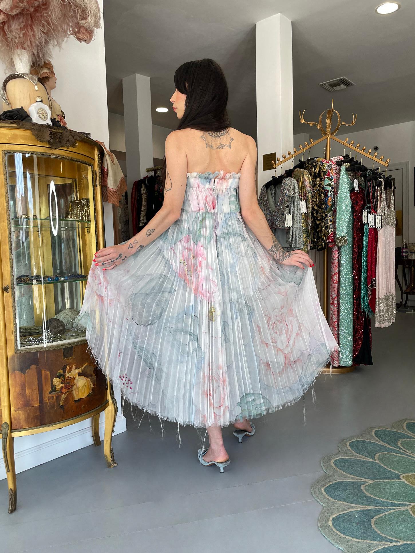 2013 Chanel by Karl Largerfeld Pastel Floral Silk & Sheer Net Strapless Dress 3