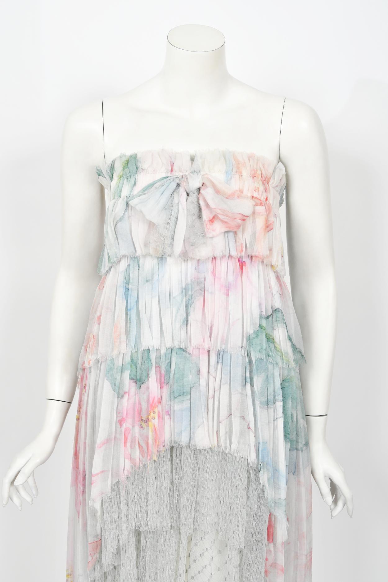 2013 Chanel by Karl Largerfeld Pastel Floral Silk & Sheer Net Strapless Dress 5