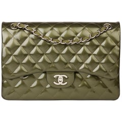 2013 Chanel Green  Patent Quilted Leather Jumbo Classic Double Flap Bag 