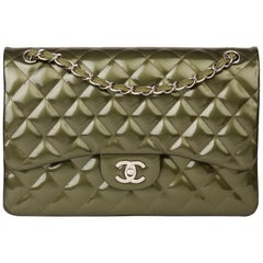 2013 Chanel Green Patent Quilted Leather Jumbo Classic Double Flap Bag