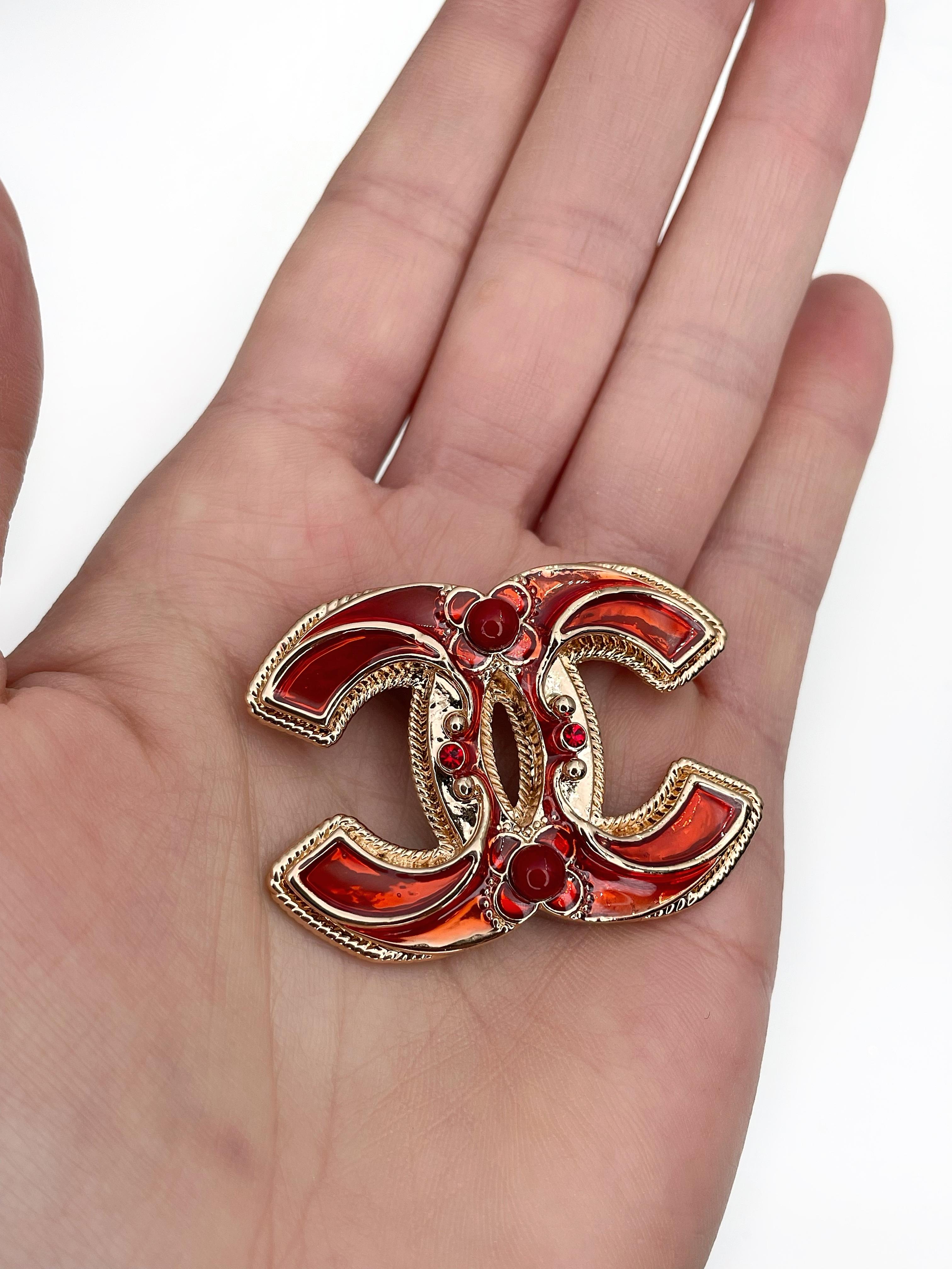 2013 Chanel Ready-To-Wear CC Logo Red Orange Pin Brooch at 1stDibs