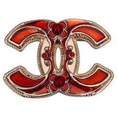 2013 Chanel Ready-To-Wear CC Logo Red Orange Pin Brooch