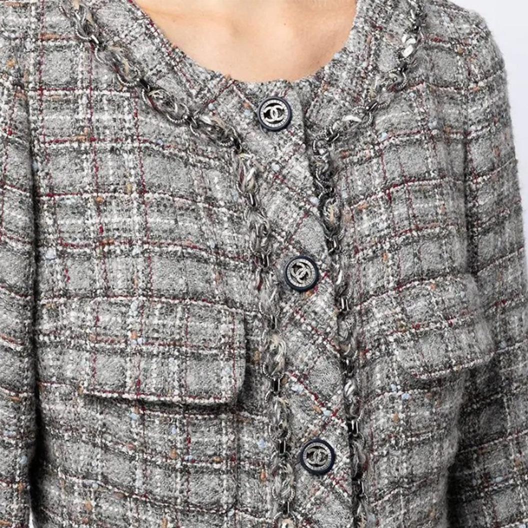 Women's Chanel Silver Chain Checkered Tweed Coat	