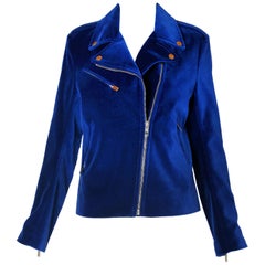 2013 Christopher Kane Cobalt Blue Velvet Biker Jacket