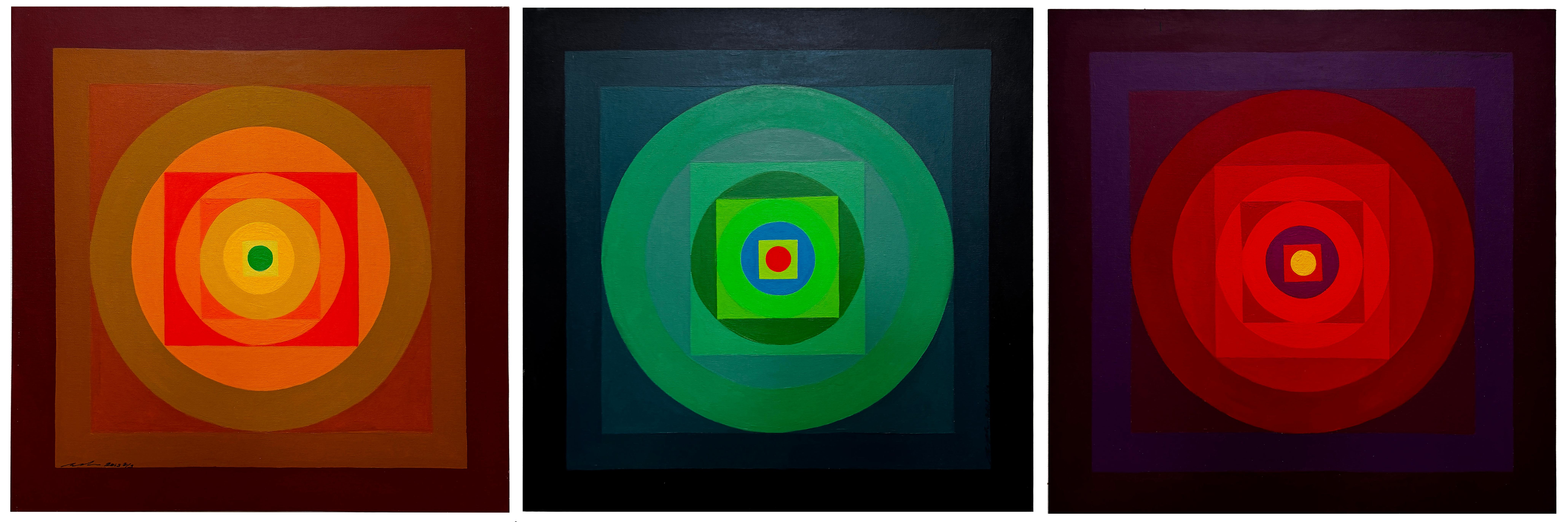 Tableaux triptyques géométriques colorés Op Art 2013 -Set of 3 Bon état - En vente à Miami, FL