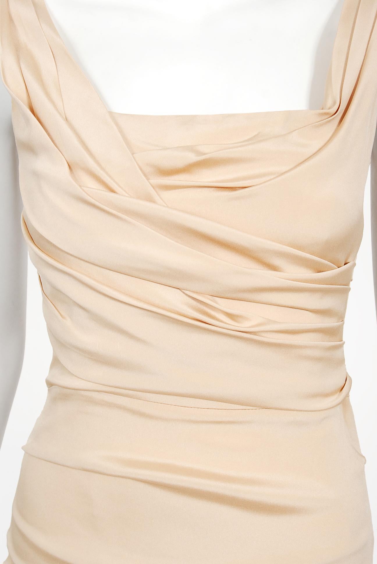 Vintage 2013 Dolce & Gabbana Naked Nude Ruched Stretch Silk Hourglass Gown  In Good Condition In Beverly Hills, CA