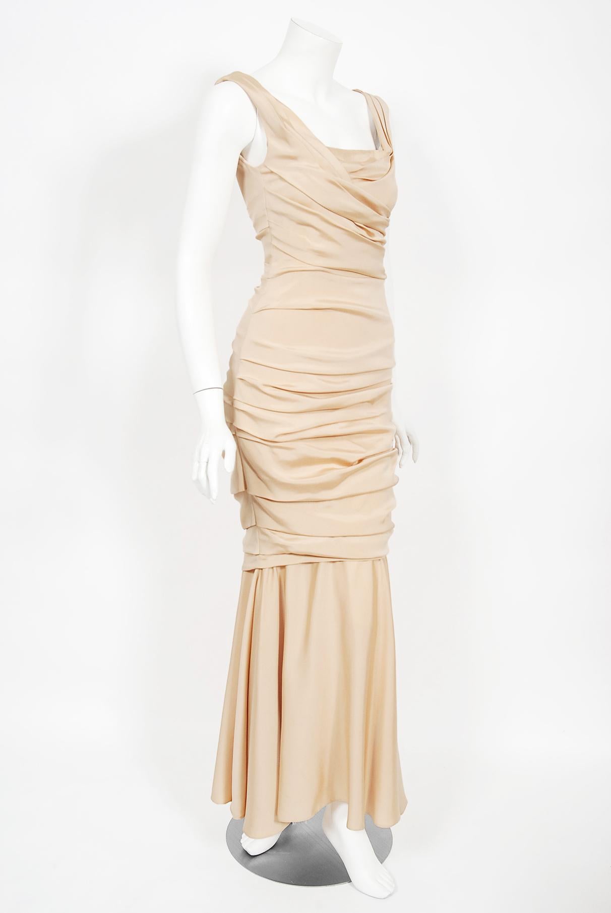 Women's Vintage 2013 Dolce & Gabbana Naked Nude Ruched Stretch Silk Hourglass Gown 