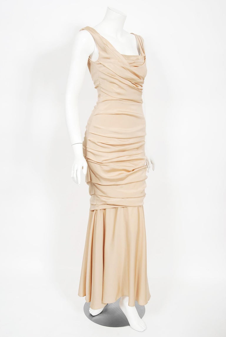 2013 Dolce and Gabbana Naked Nude Ruched Stretch Silk Hourglass Mermaid Gown For Sale at 1stDibs