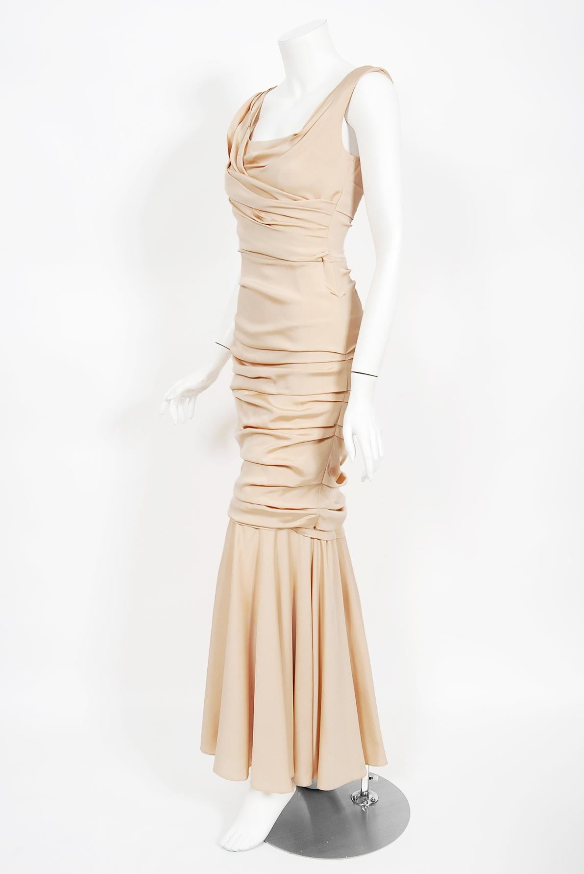 Vintage 2013 Dolce & Gabbana Naked Nude Ruched Stretch Silk Hourglass Gown  2