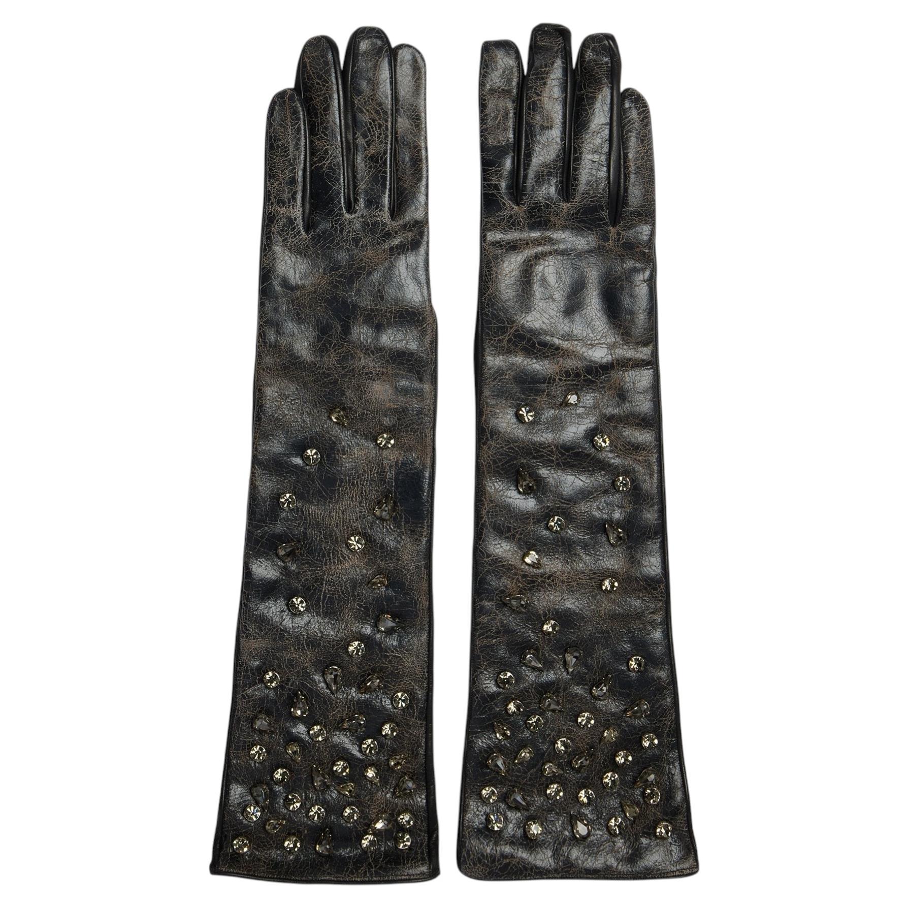 2013 Ermanno Scervino Black Leather Gloves with Crystal Embellishment Boxed