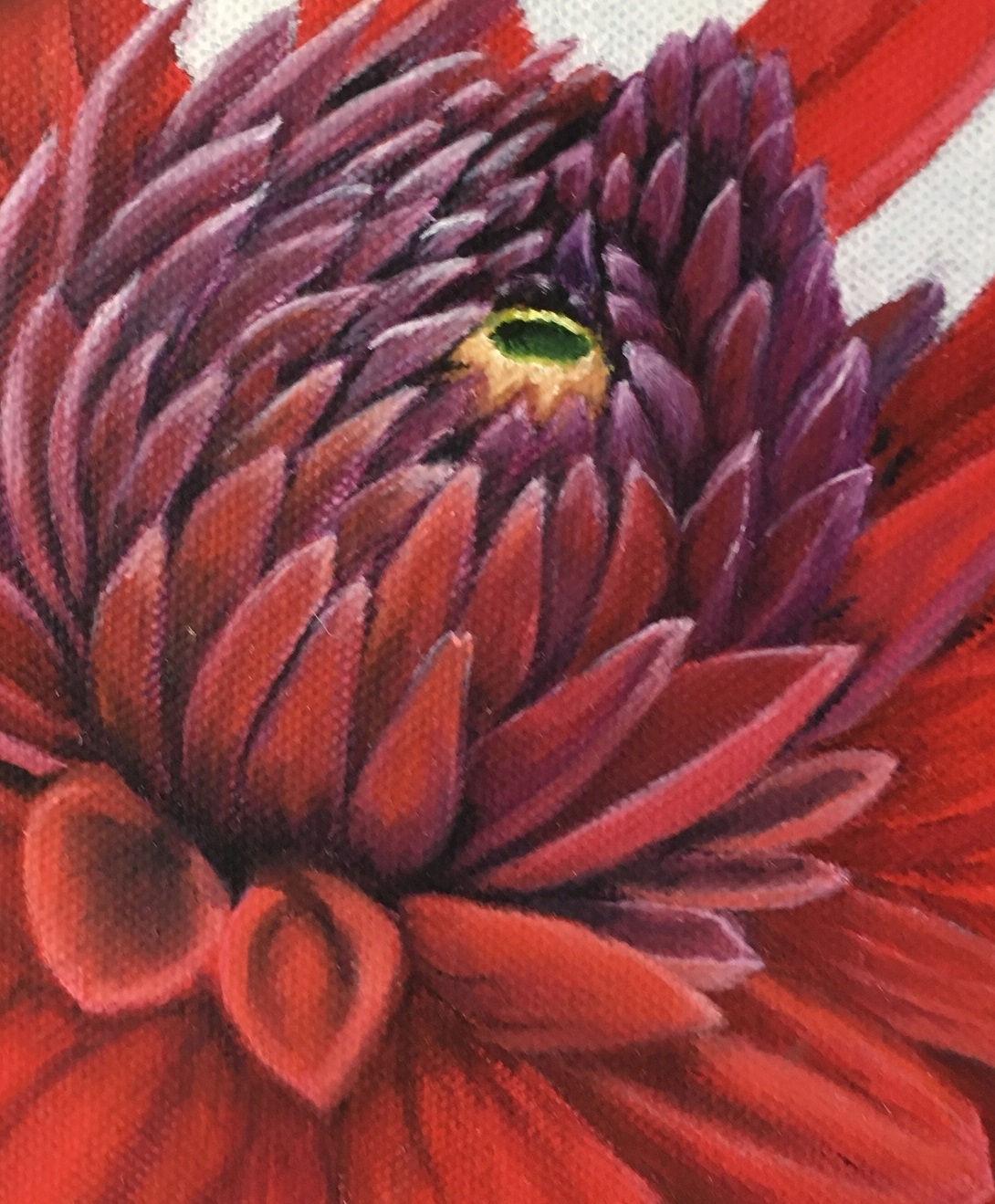A close-up picture of the red daliah. It is one of four paintings of vividly colored and almost stylistic flowers.

About the artist:

Esther Hansen grew up in the countryside and now lives on a farm. She started her painting career by