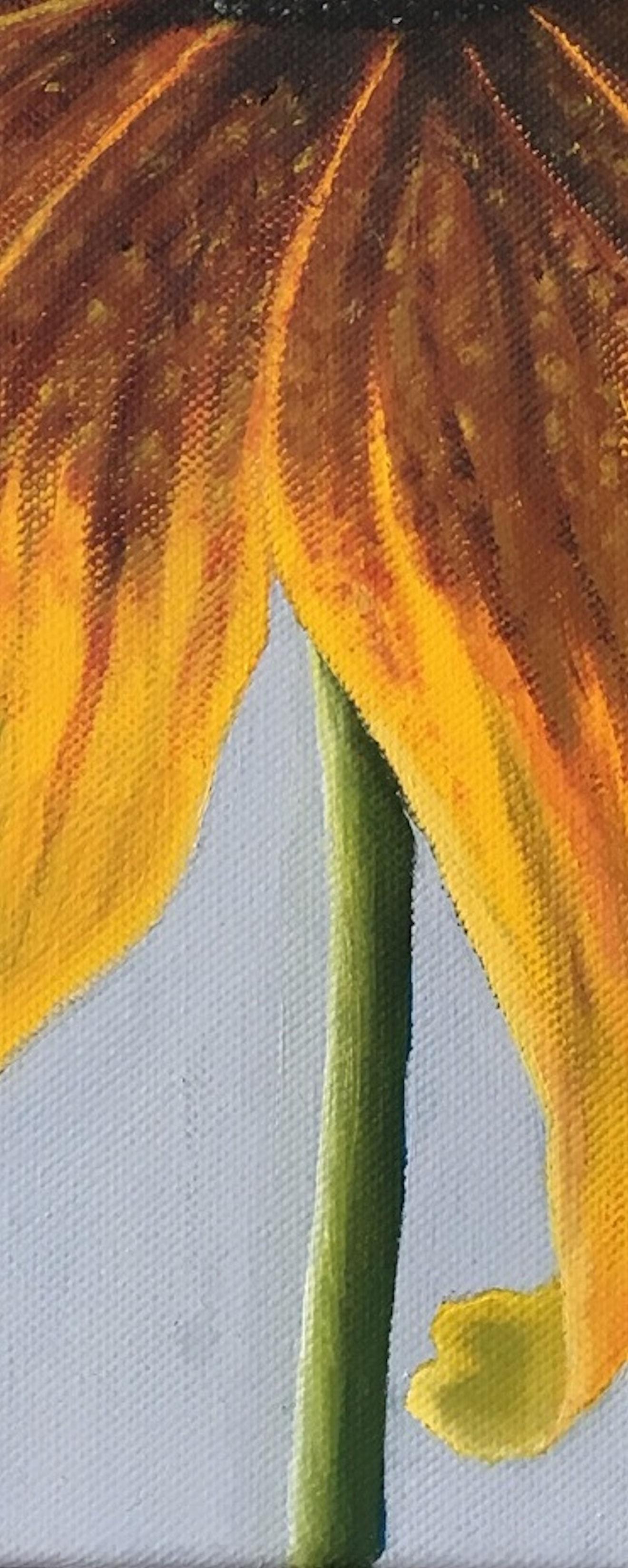 A close-up oil on canvas painting of a cutleaf coneflower.
It is one of four paintings of vividly colored and almost stylistic flowers.

About the artist:

Esther Hansen grew up in the countryside and now lives on a farm. She started her painting