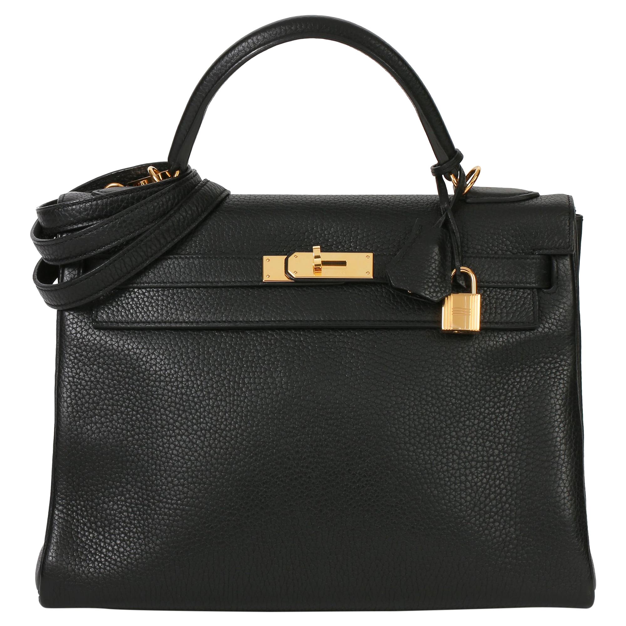 2013 Hermès Black Clemence Leather Kelly 32cm Retourne
