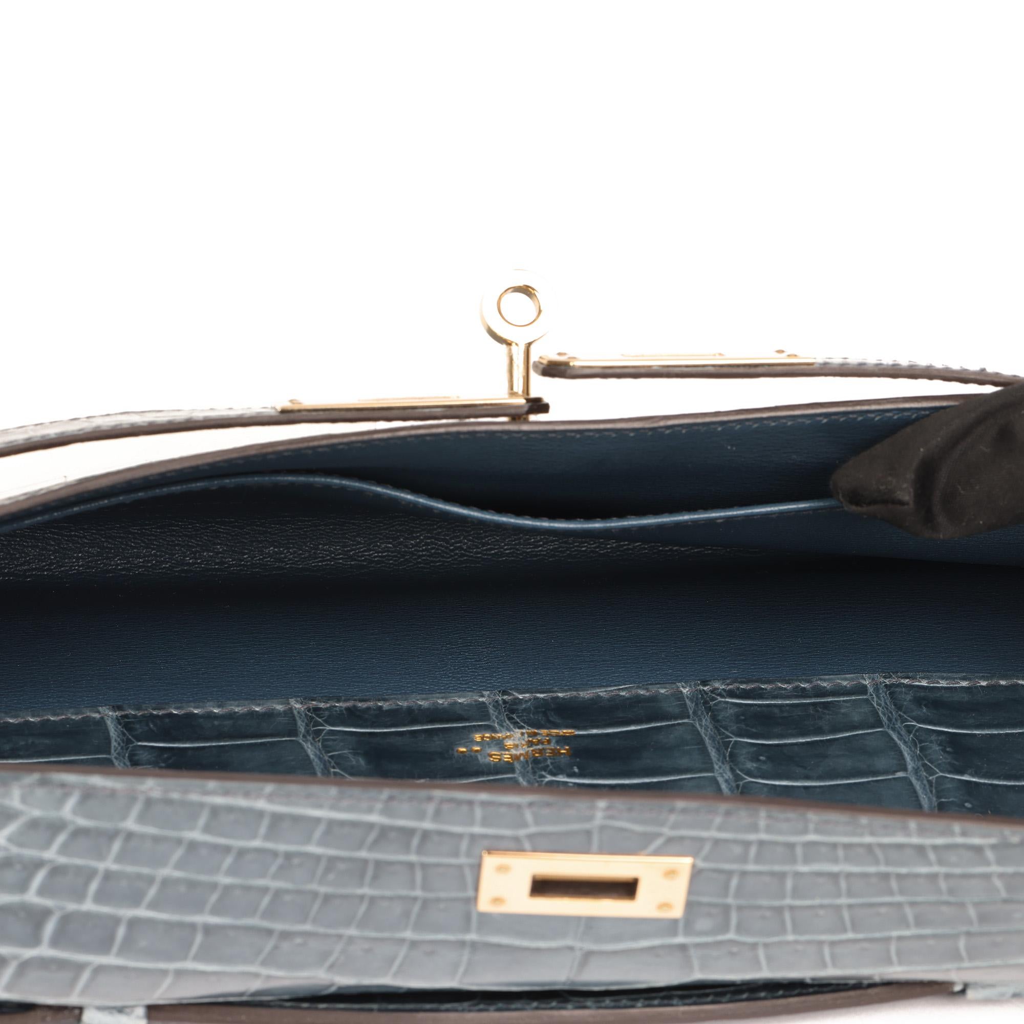 2013 Hermes Blue Tempete Shiny Niloticus Crocodile Leather Kelly Cut 6
