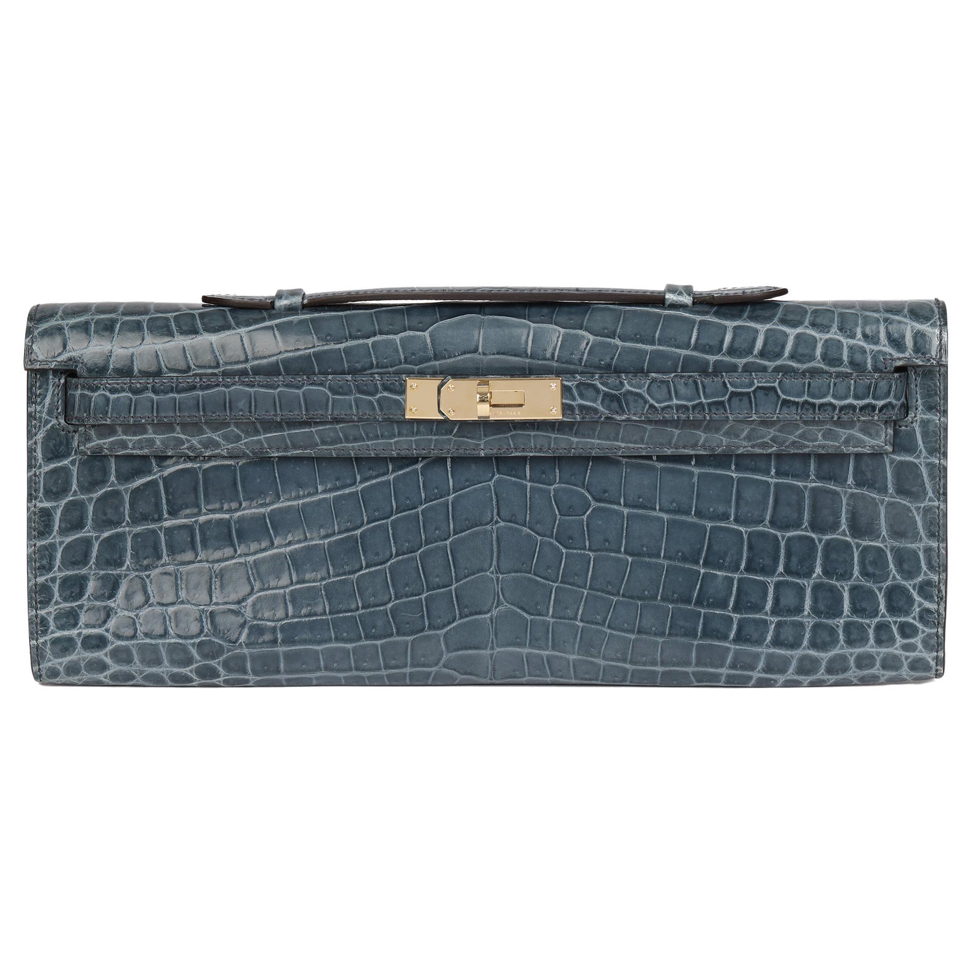 2013 Hermes Blue Tempete Shiny Niloticus Crocodile Leather Kelly Cut