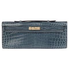 Hermes Kelly Cut Clutch Blue Colvert Crocodile Gold Hardware