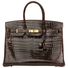 2013 Hermès Chocolate Brown Shiny Porosus Crocodile Leather Birkin 35cm