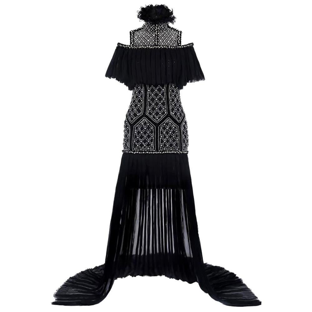 2013 Iconic Alexander McQueen Pearl Embellished Black Silk Gown 