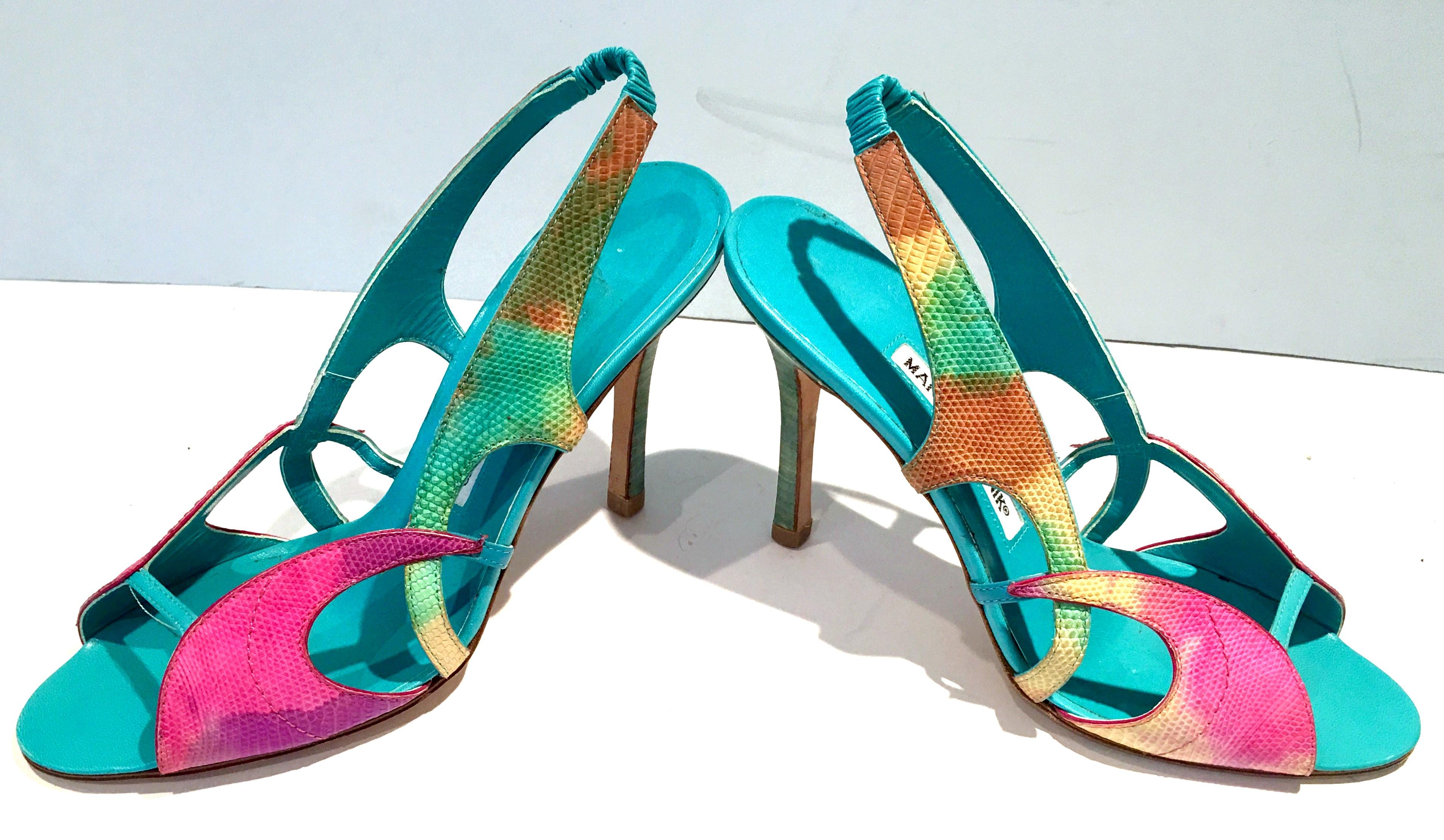 21st Century & New Manolo Blahnik 2013 Collection sling back python sandal shoes.These python dyed shoes are executed in a vibrant turquoise ground, accented with fuchsia, pistachio green, yellow, orange-multi. Pistachio green wood grain stained