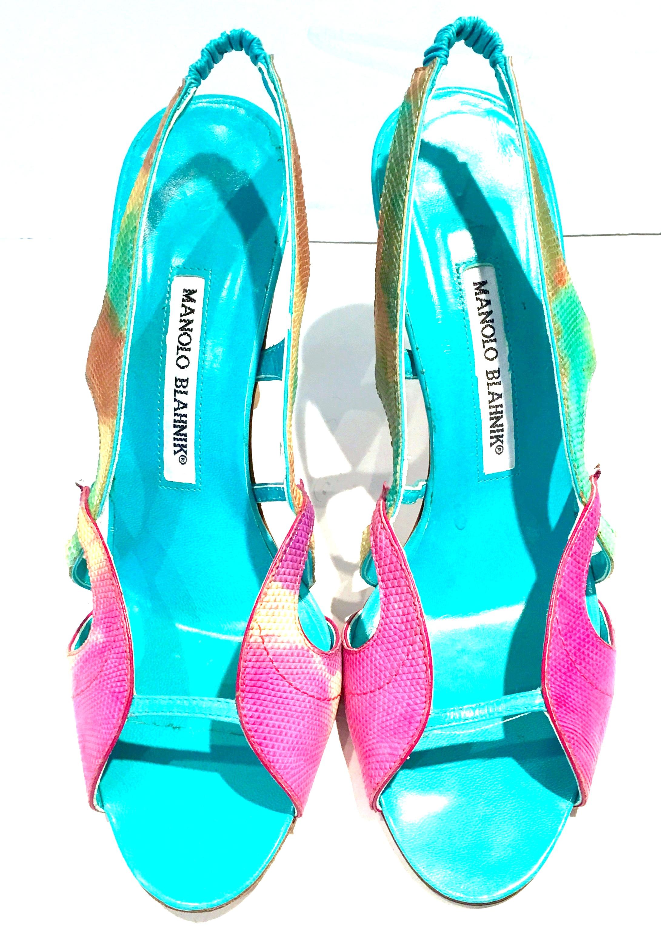 21st Century & New Manolo Blahnik 2013 Collection sling back python sandal shoes.These python dyed shoes are executed in a vibrant turquoise ground, accented with fuchsia, pistachio green, yellow, orange-multi. Pistachio green wood grain stained