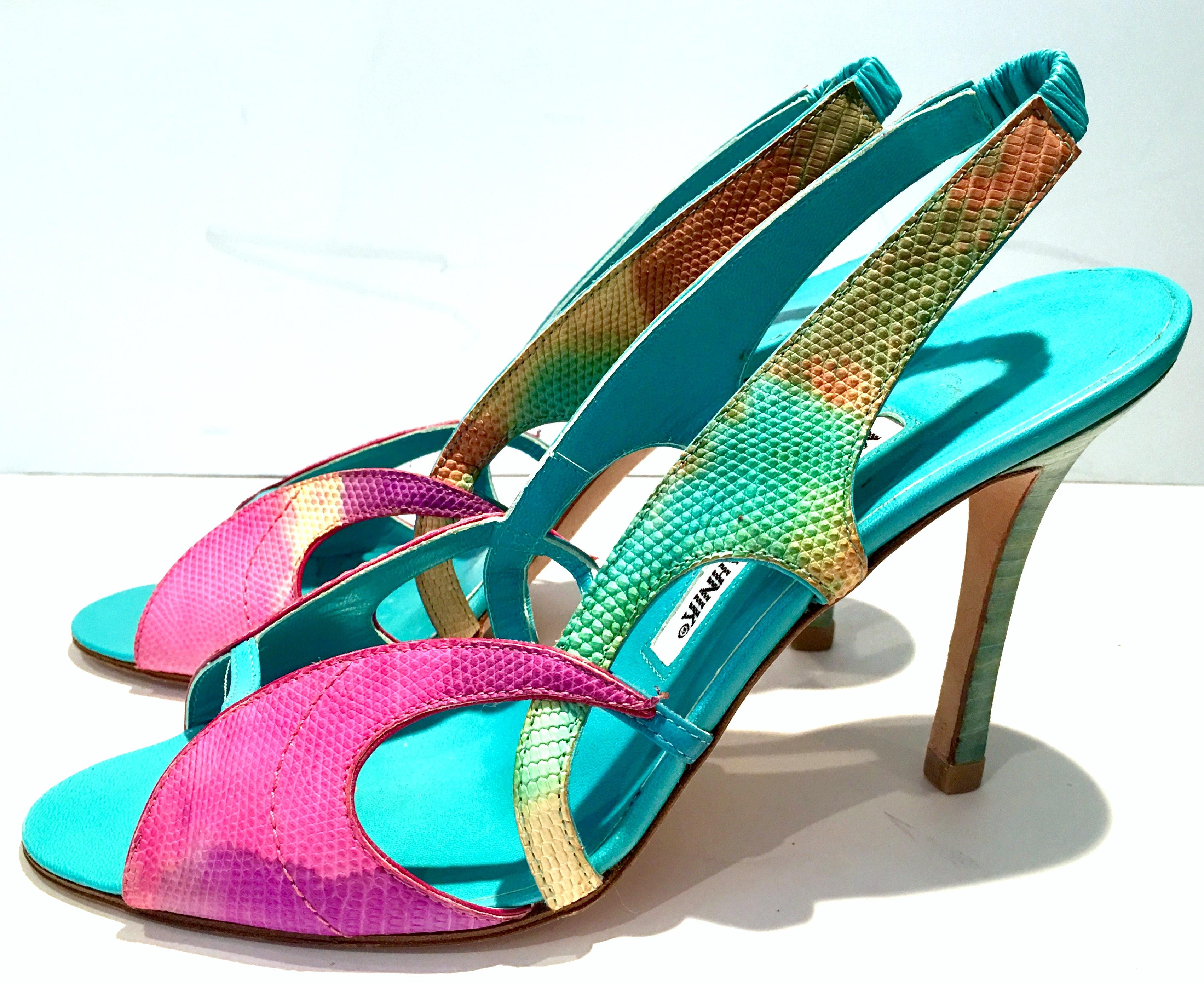 Beige 2013 New Pair Of Manolo Blahnik Multi-Color Python Sling Back Sandals For Sale