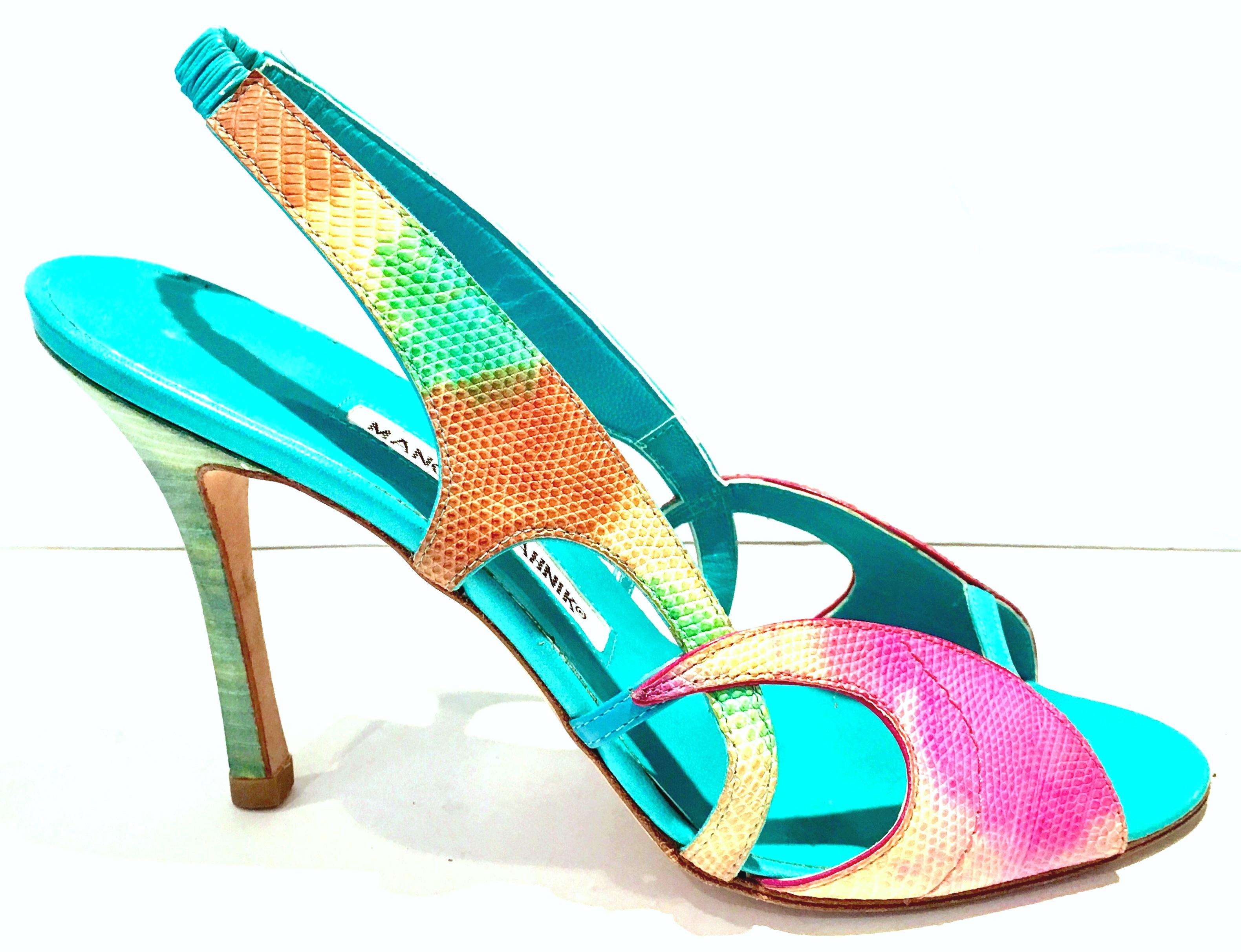 Beige 2013 New Pair Of Manolo Blahnik Multi-Color Python Sling Back Sandals For Sale